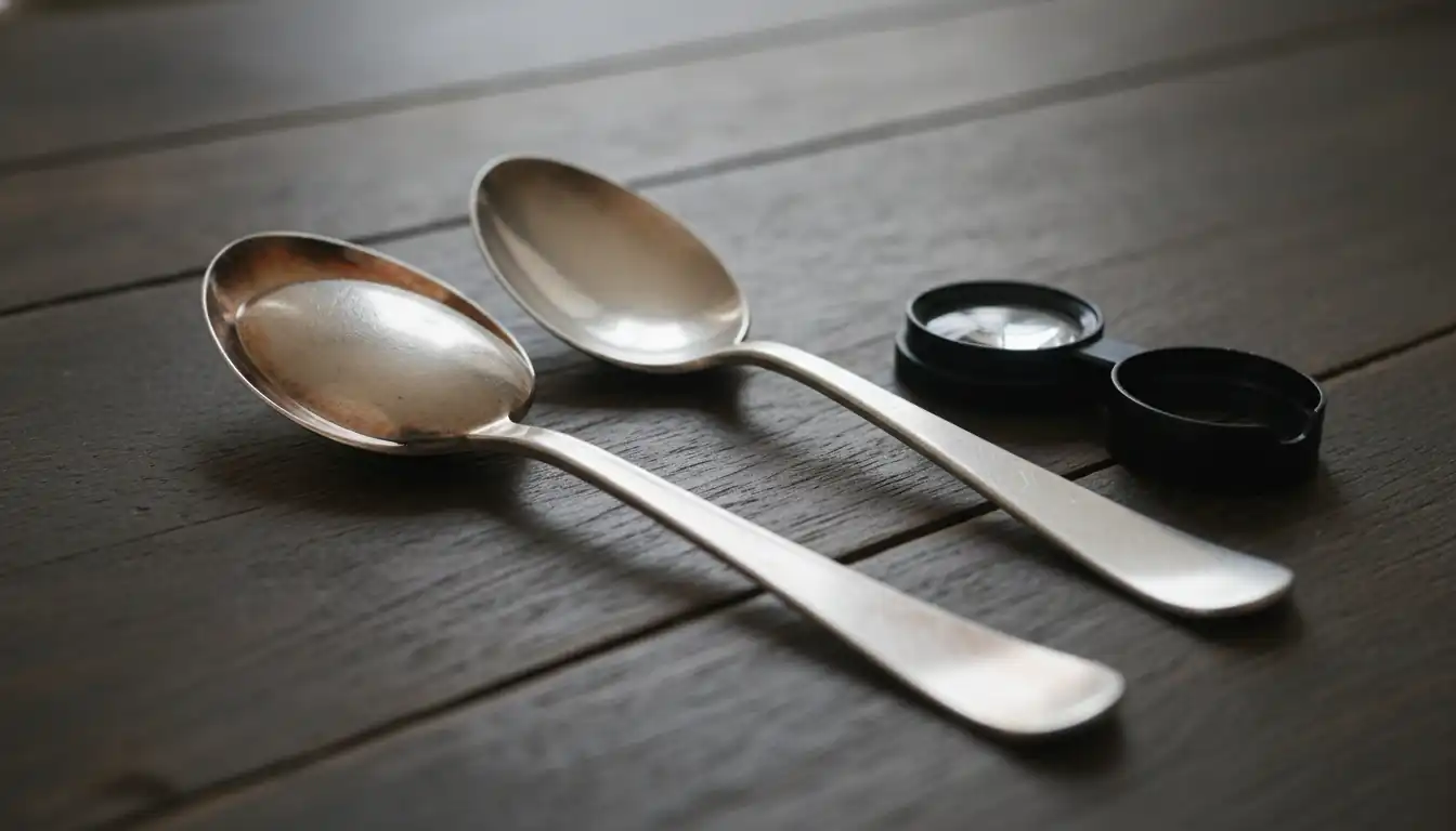 Close-up of a silver-plated spoon showing copper wear next to a jeweler's loupe on a wooden table.