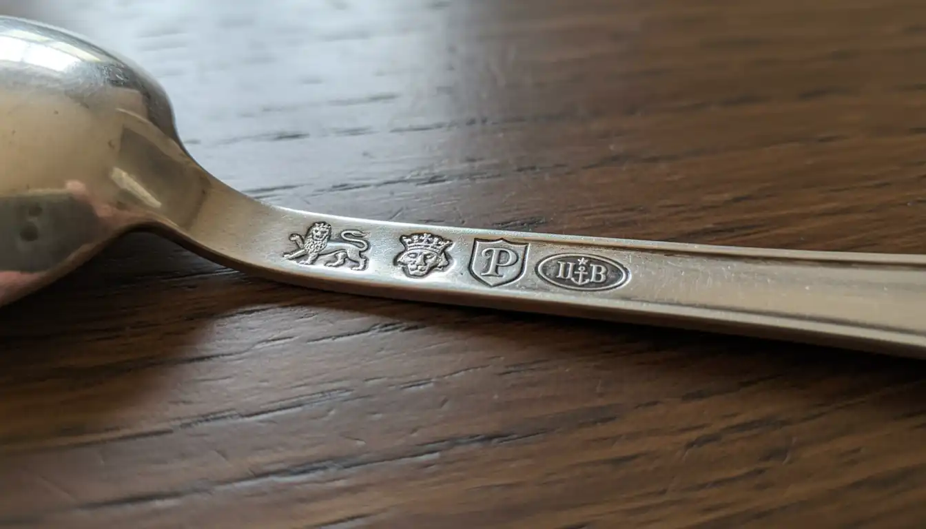 Macro shot of authentic sterling silver hallmarks stamped on the back of a vintage spoon.