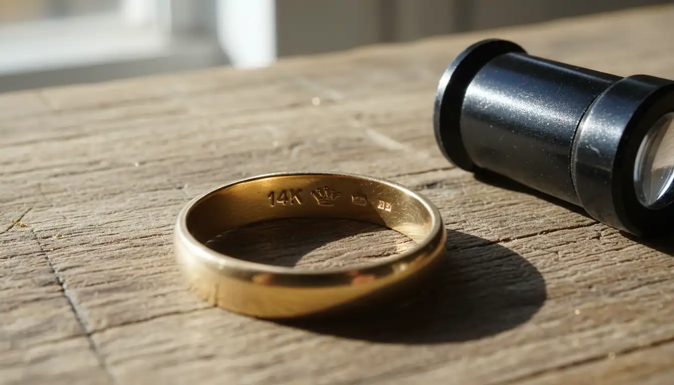 Macro shot of tiny hallmarks stamped inside a gold ring band on a wooden jeweler's workbench.