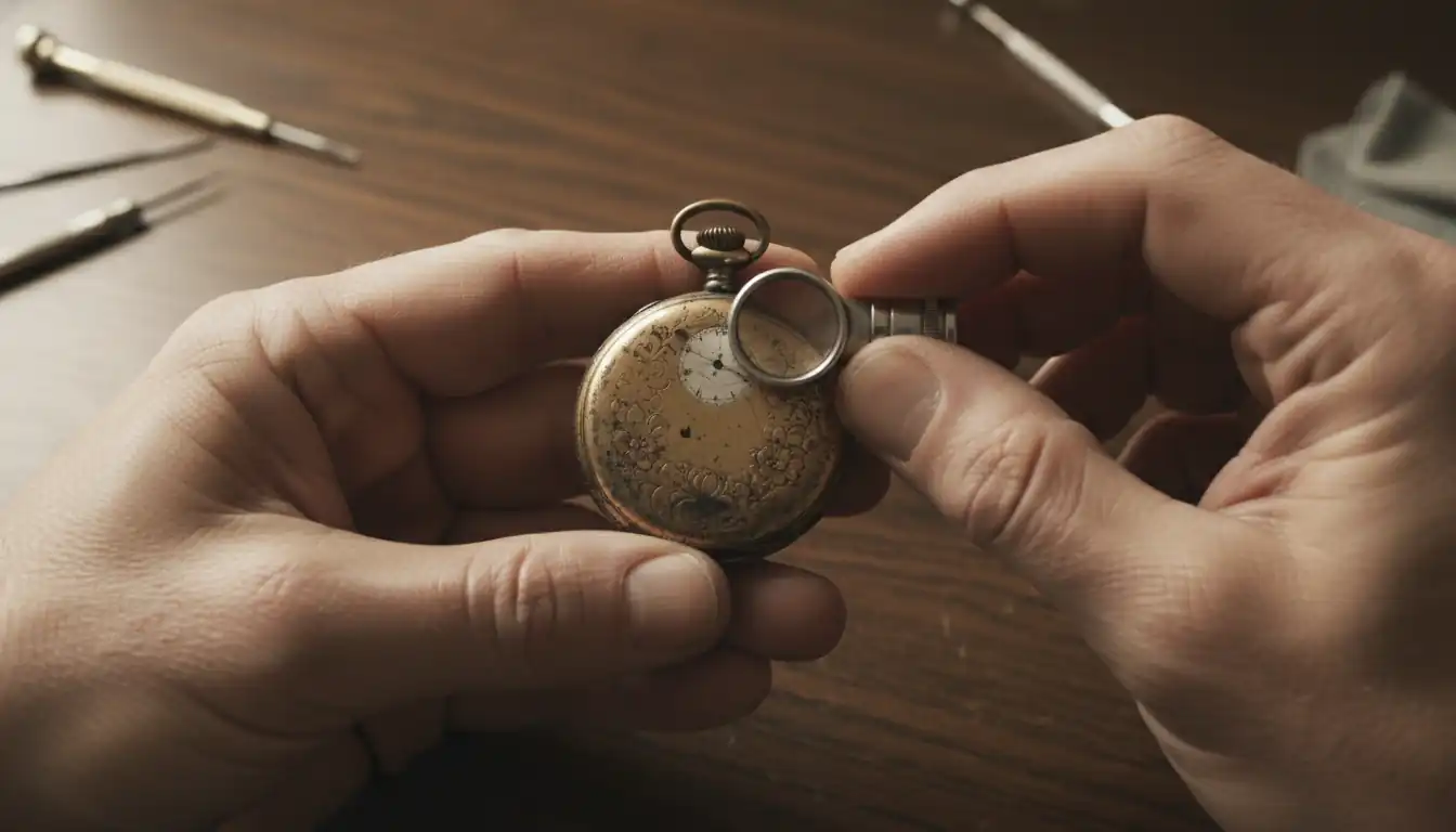 Hands using a jeweler's loupe to inspect a vintage gold pocket watch on a wooden desk.