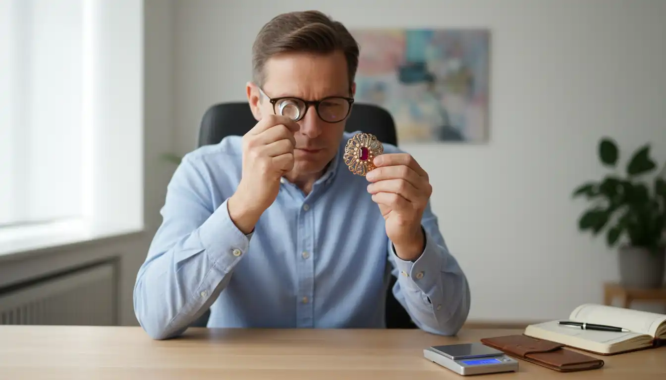 A professional appraiser using a jeweler's loupe to examine a gold brooch at a desk.