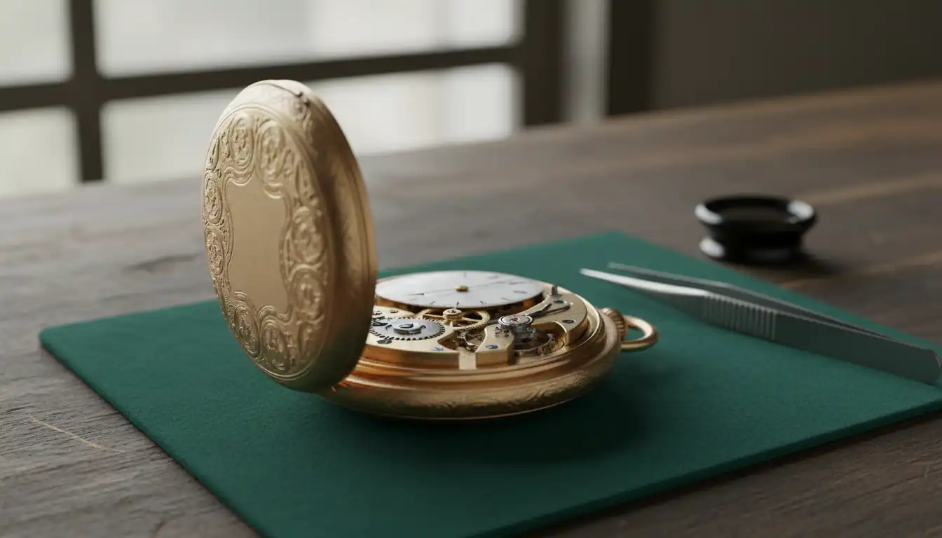 Close-up of a gold pocket watch and jeweler's loupe on a workbench.