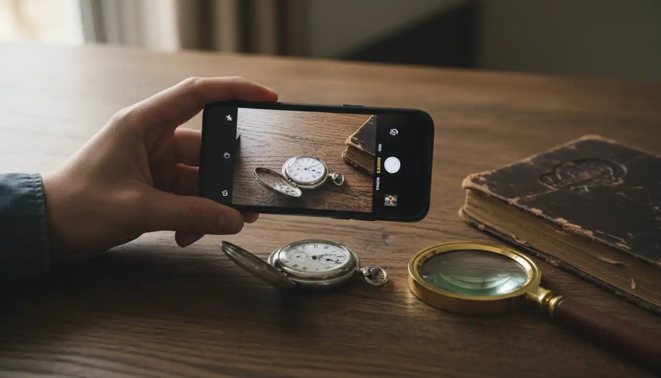 A person using a smartphone to photograph an antique silver pocket watch on a wooden desk.