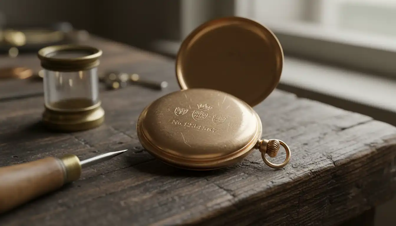 Close-up of an open antique gold pocket watch showing engraved hallmarks and serial numbers on a wooden desk.