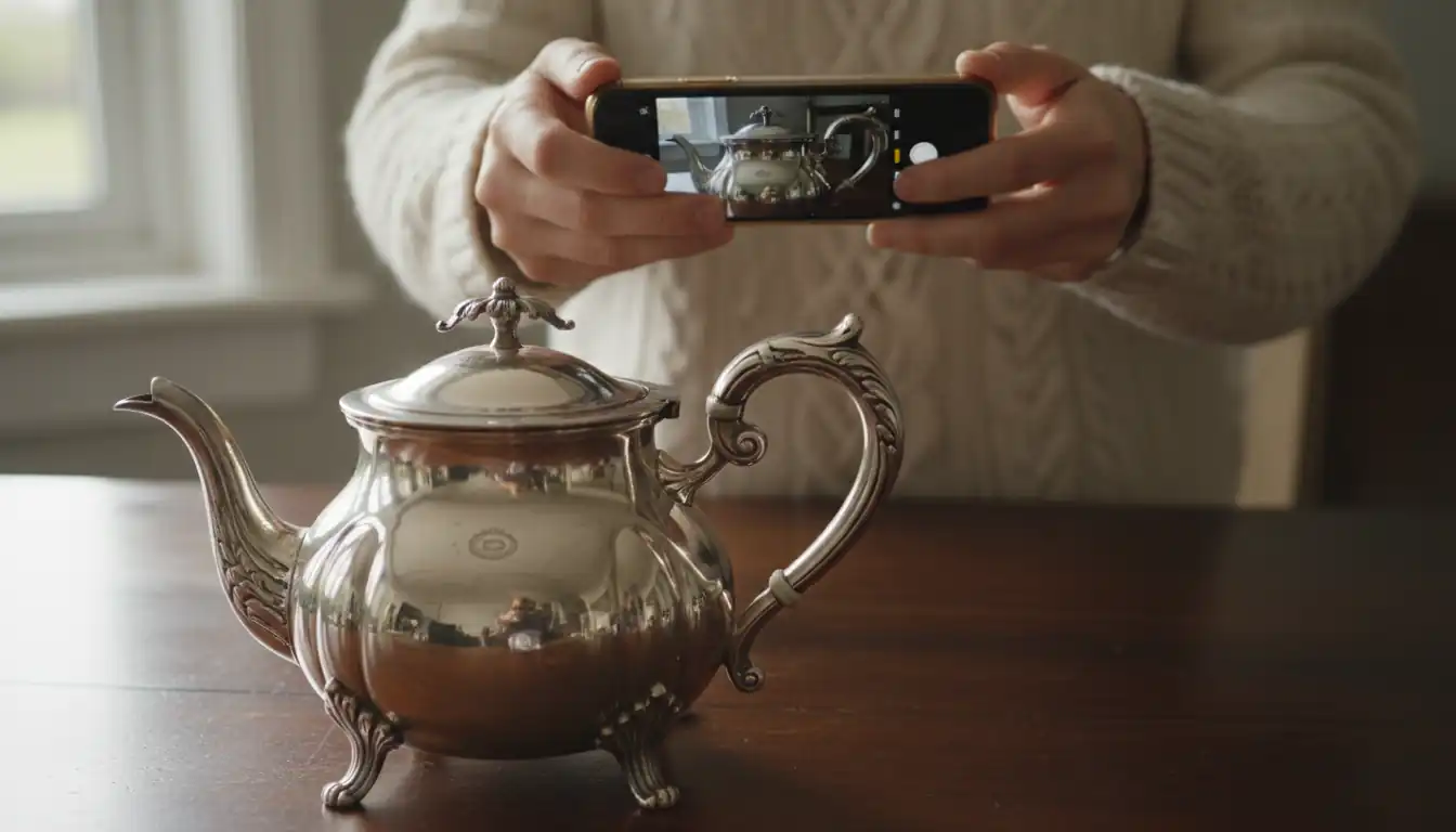 A person using a smartphone to photograph an ornate silver teapot on a wooden table for appraisal.