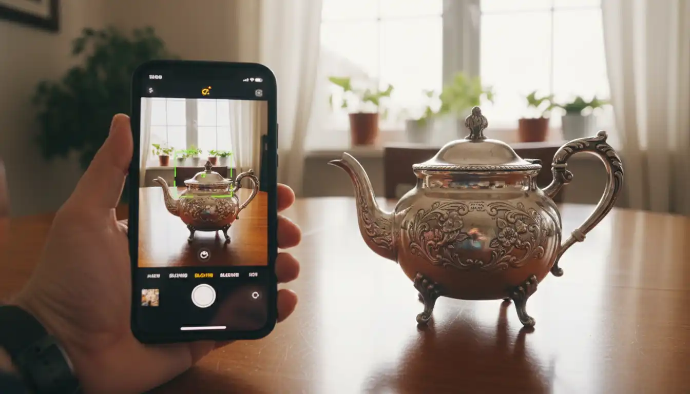 A person using a smartphone to photograph an ornate antique silver teapot on a wooden table.