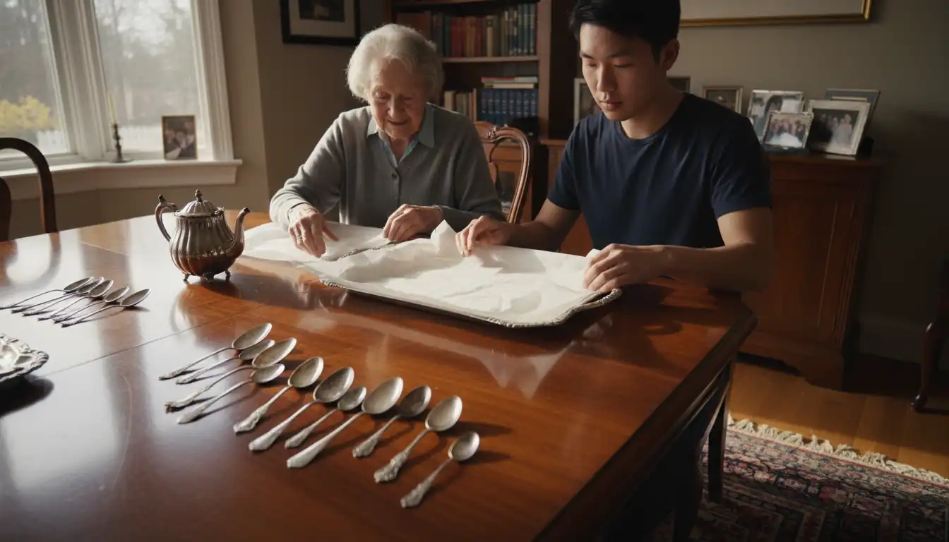 An elderly woman and a young man packing antique silver heirlooms into a storage box at a dining table.