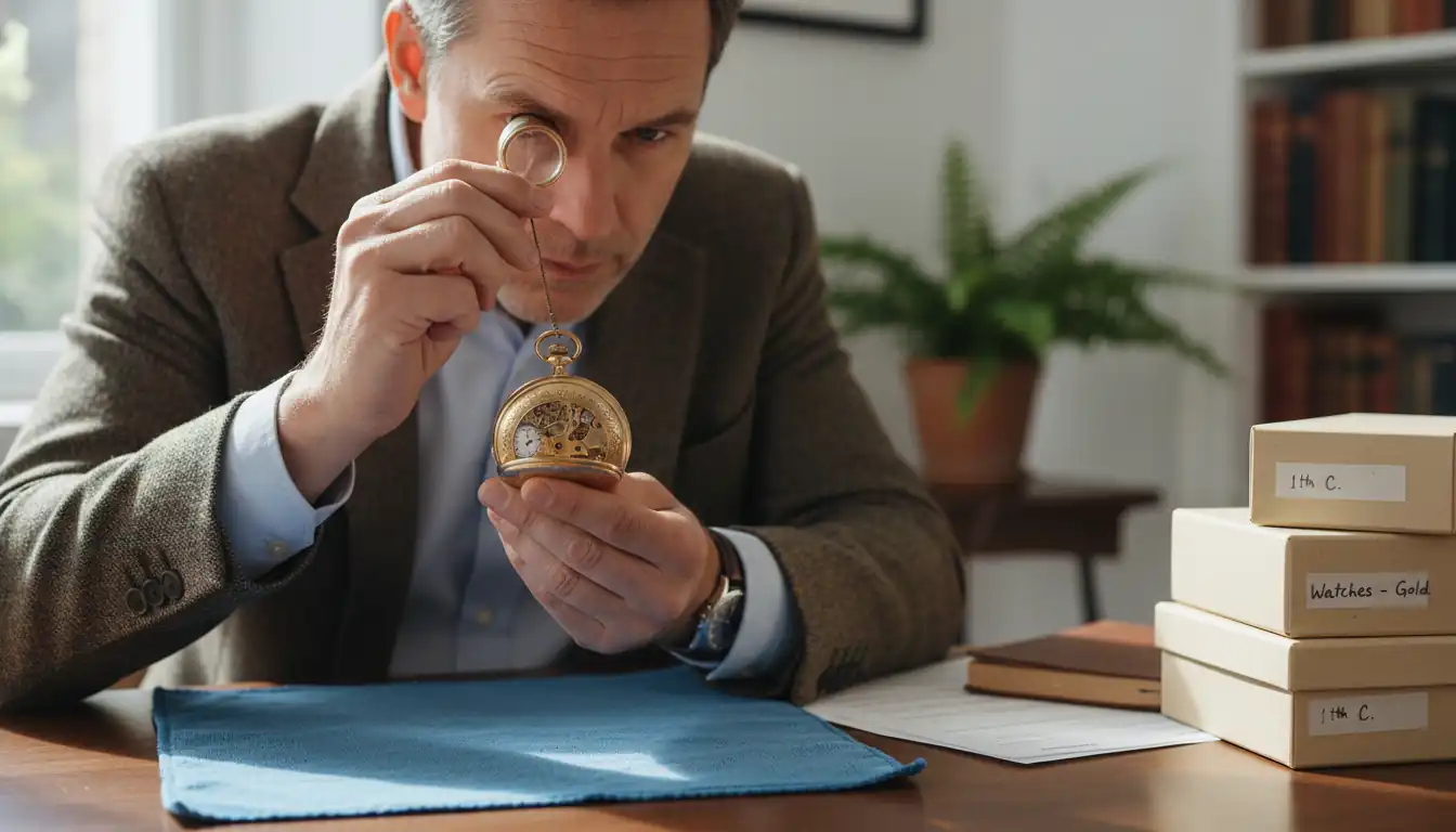 Professional appraiser using a jeweler's loupe to examine a vintage gold pocket watch at a desk.