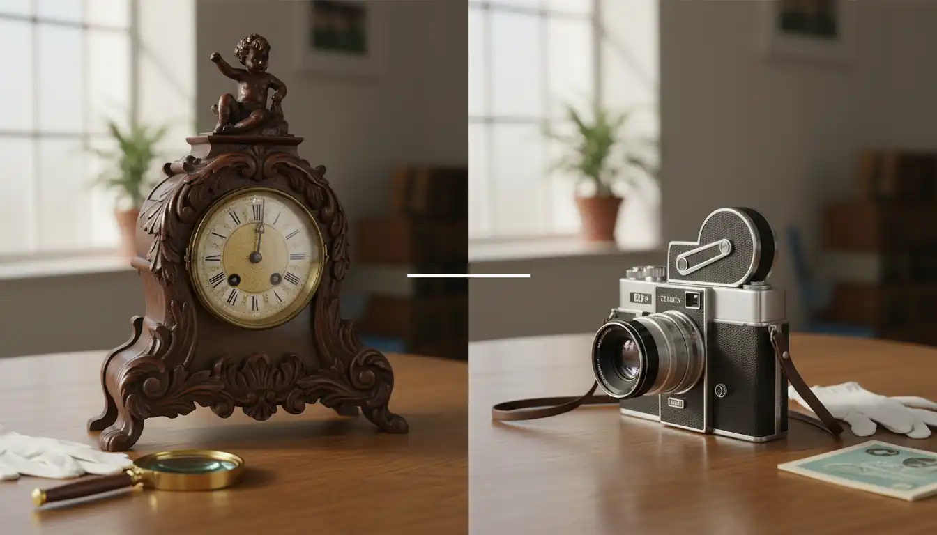 A 19th-century mahogany clock and a vintage film camera on a wooden table with a magnifying glass.
