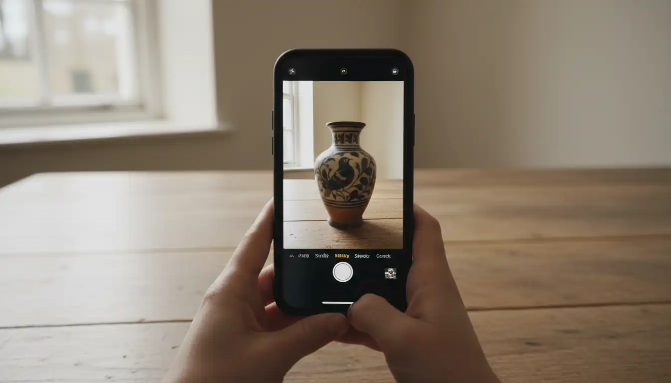 A person using a smartphone to photograph a vintage ceramic vase on a wooden table near a window.