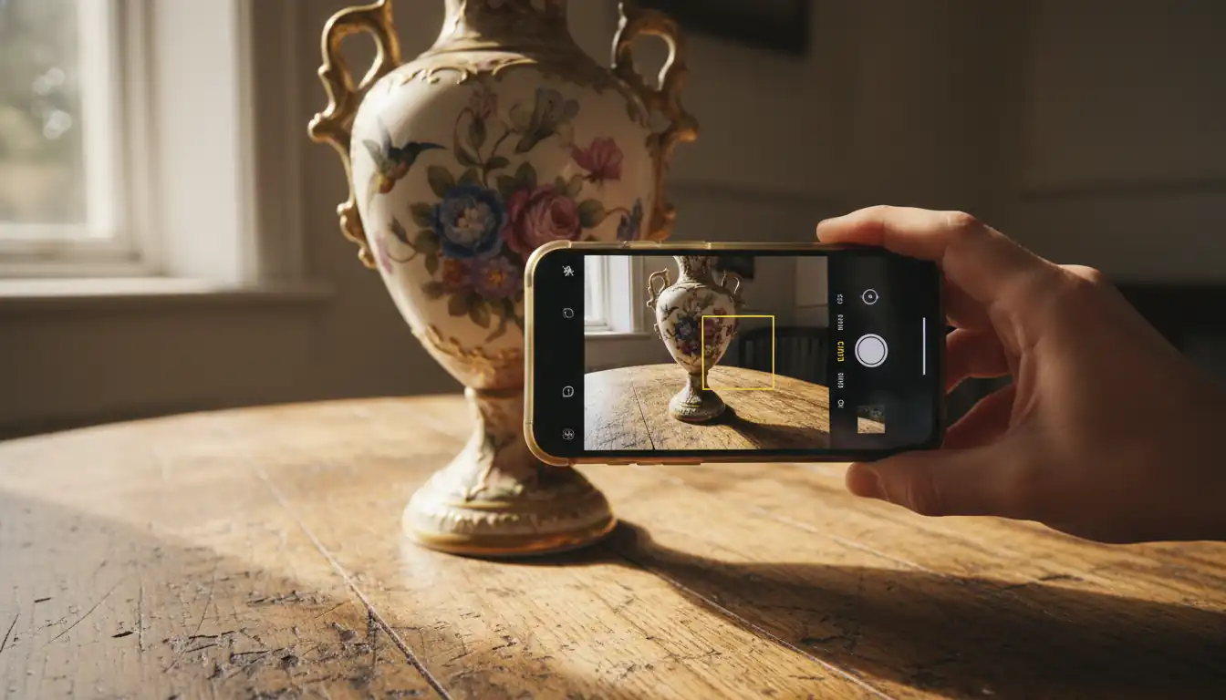 A person using a smartphone to photograph an ornate porcelain vase on a wooden table in natural light.