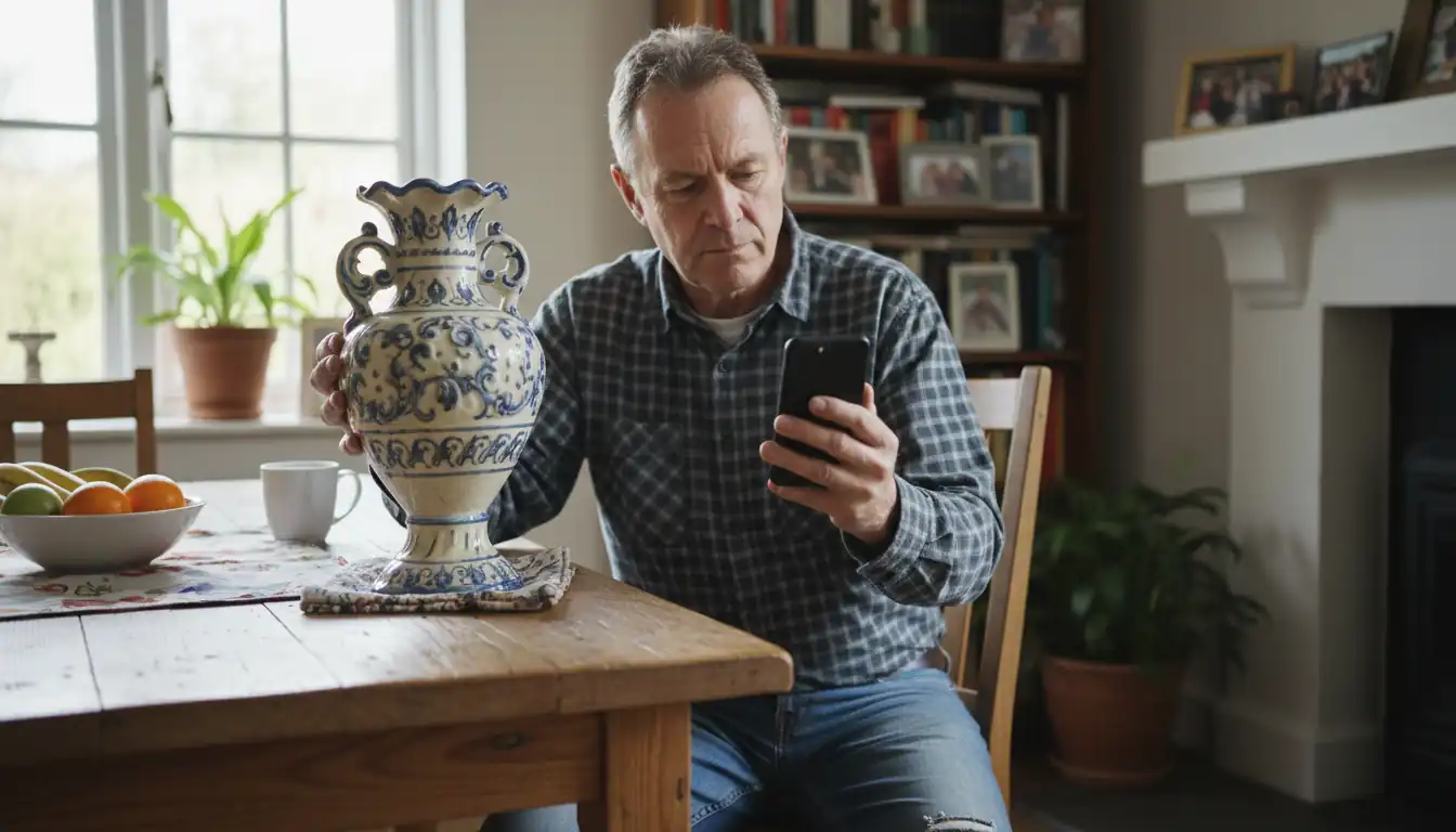 A man at a dining table comparing a ceramic vase to a photo on his smartphone.