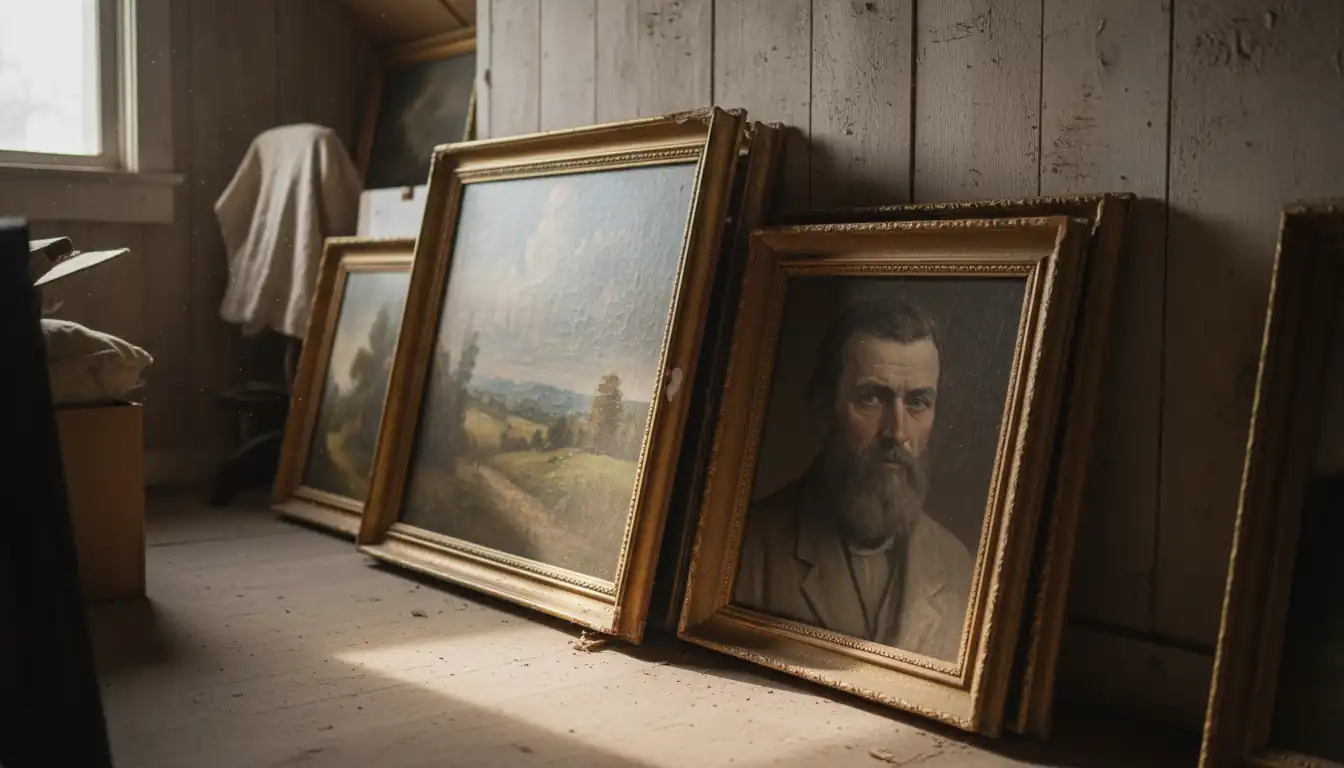 A collection of framed 19th-century oil paintings and sketches leaning against a wooden wall in a sunlit attic.