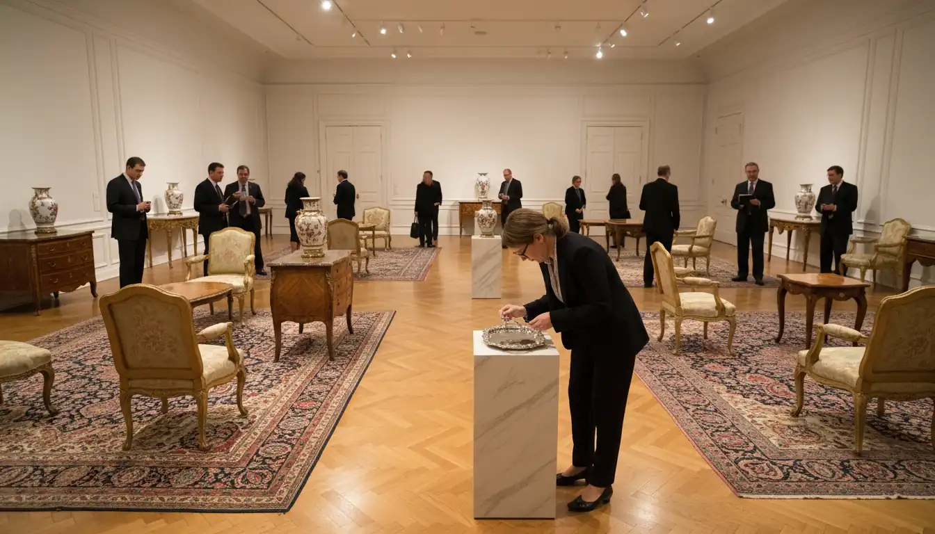 Prospective buyers inspecting antique furniture and porcelain in a brightly lit Manhattan auction gallery.