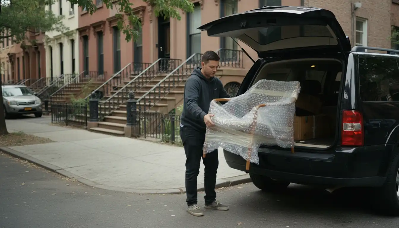 A person loading a bubble-wrapped vintage chair into an SUV on a Brooklyn street.
