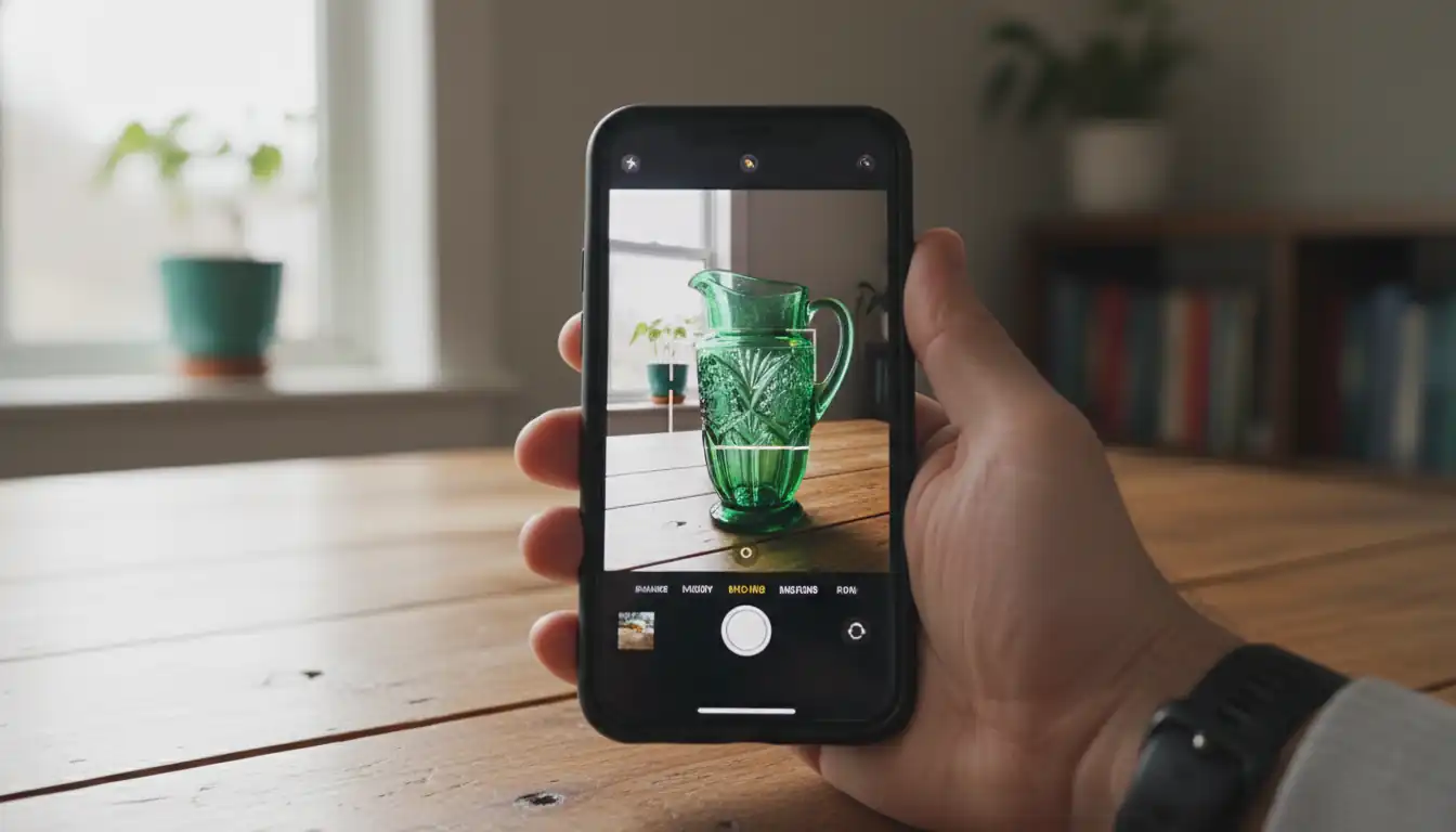 A person using a smartphone camera to identify an antique green glass pitcher on a wooden table.