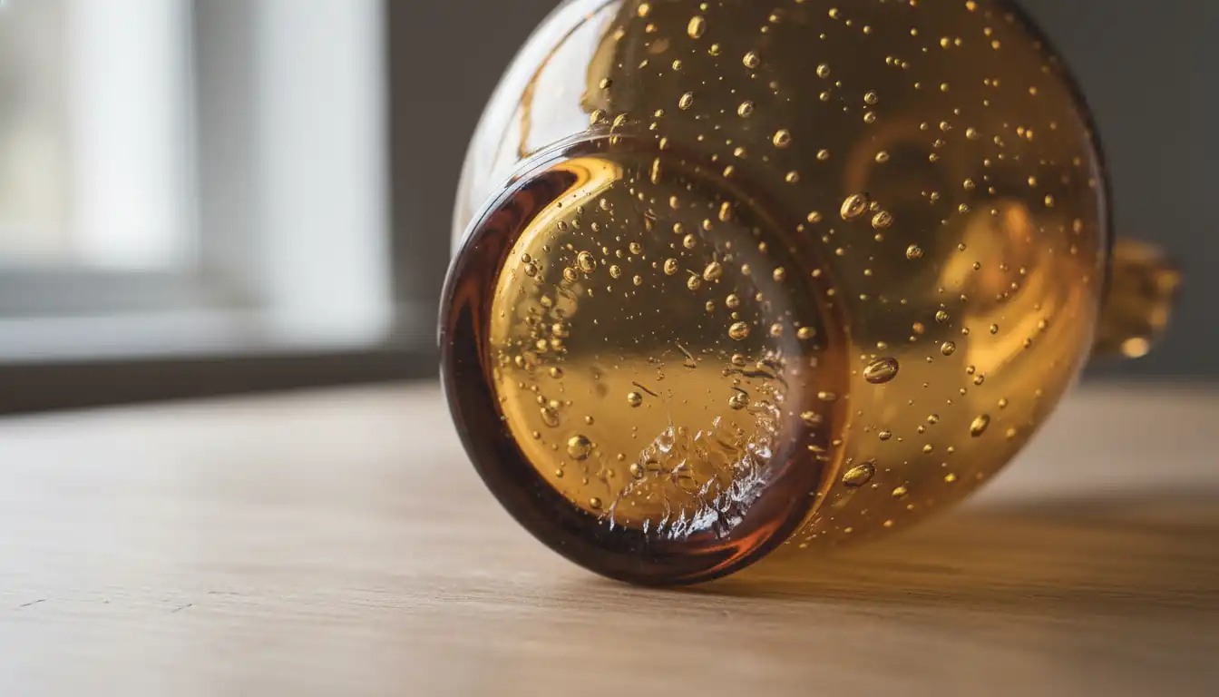 Close-up of the bottom of an antique amber glass pitcher showing a rough pontil mark and air bubbles.