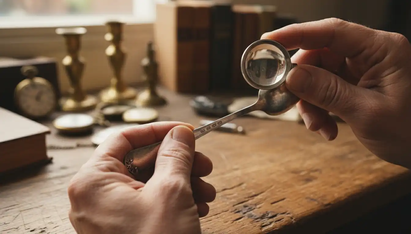 Antique dealer using a jeweler's loupe to examine hallmarks on a silver spoon handle