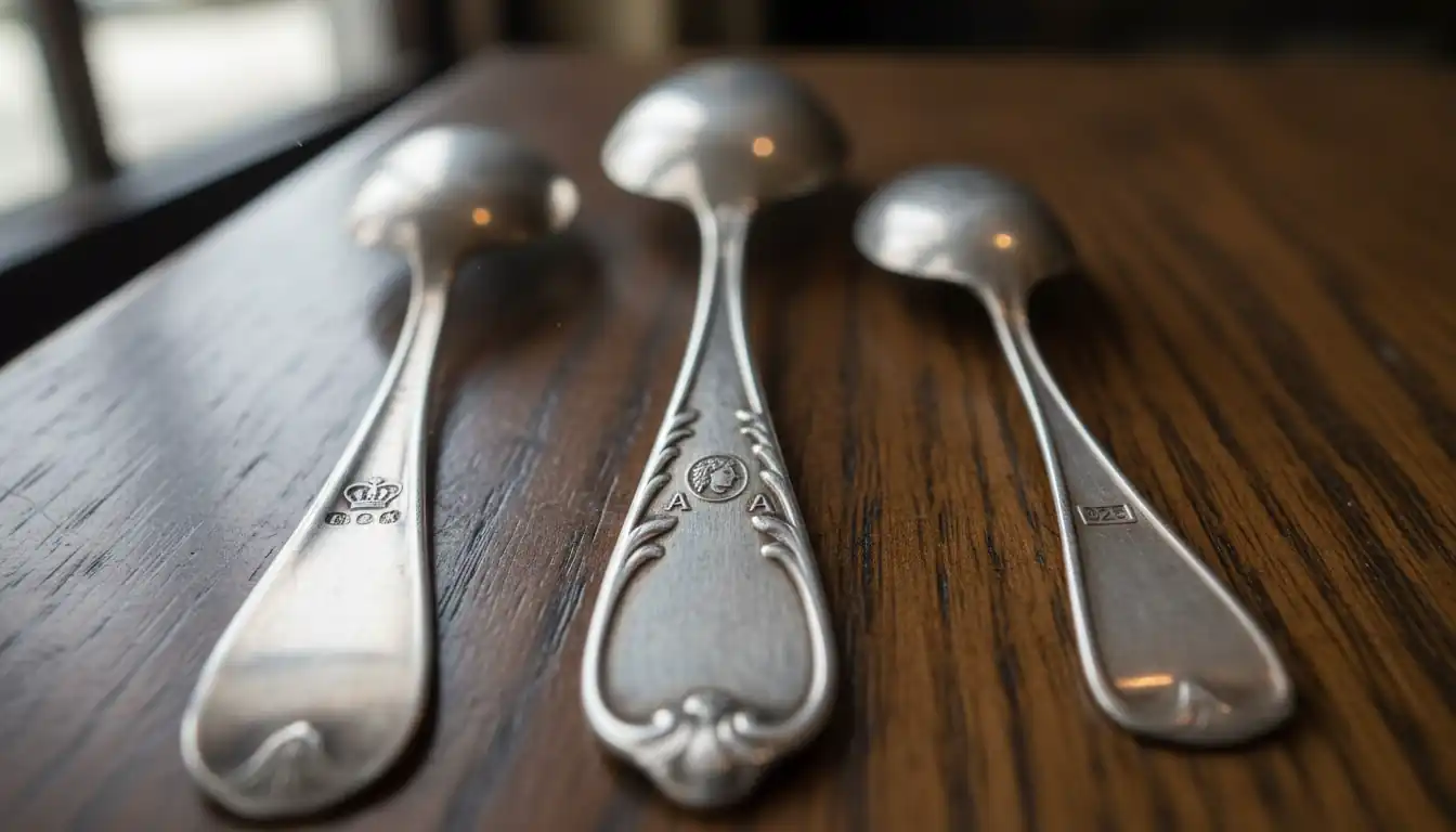Close-up of three antique silver spoons on a wooden table showing different international hallmarks and stamps.
