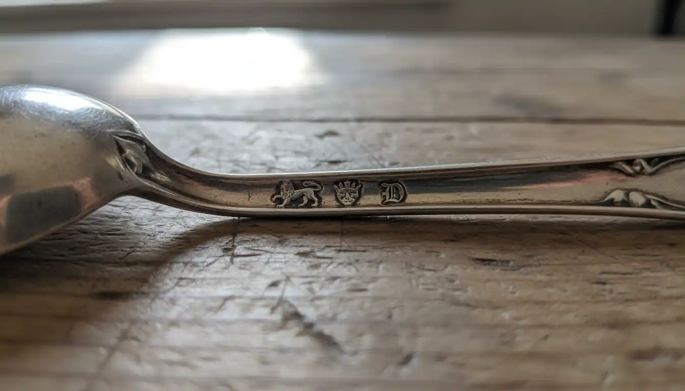 Close-up of four distinct hallmark stamps on the back of a vintage silver spoon handle.