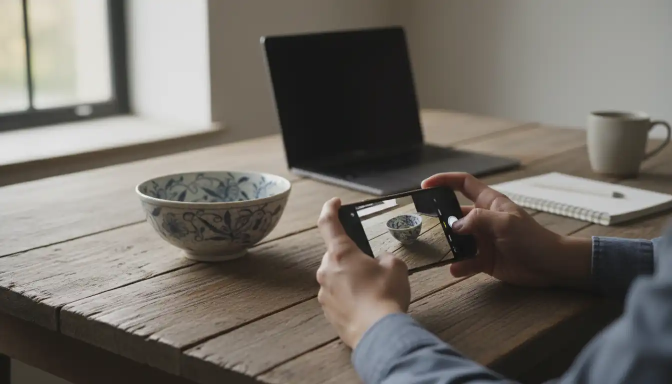 Hands holding a smartphone to photograph an antique ceramic bowl on a desk for a digital catalog.