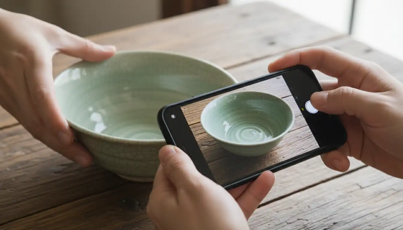 Hands holding a smartphone to photograph a crackle-glazed ceramic bowl on a wooden table.