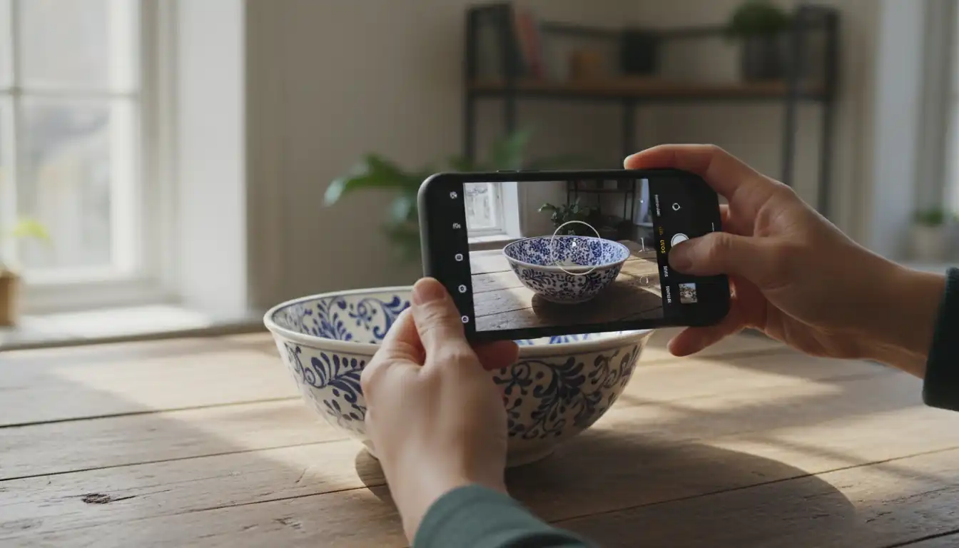 Hands holding a smartphone to photograph a blue and white ceramic bowl on a wooden table.