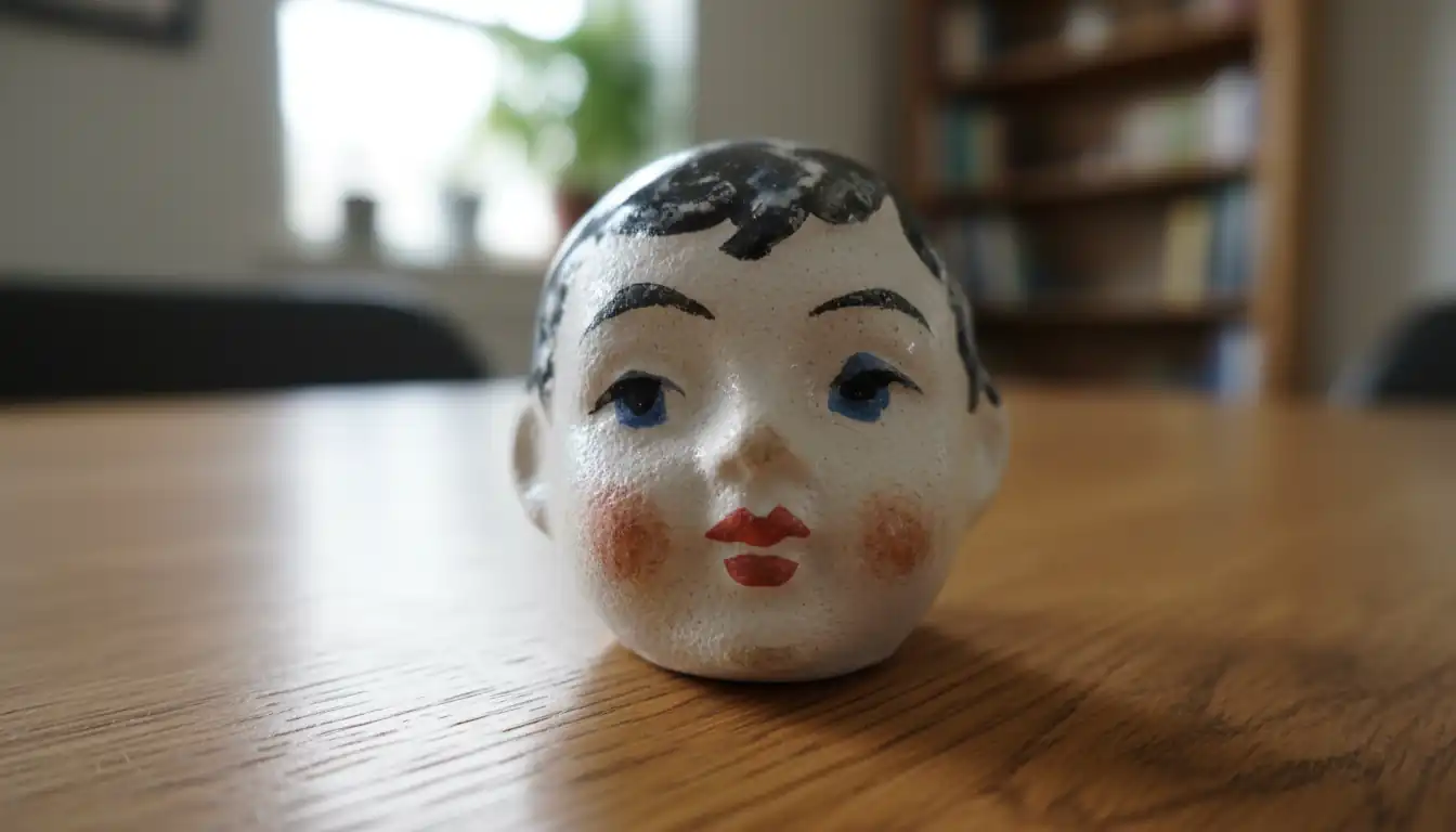 Close-up of a counterfeit ceramic figurine showing poor paint quality and messy details on a wooden table.
