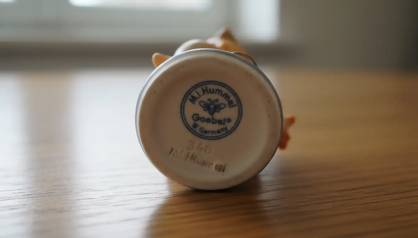 Close-up of a vintage Hummel figurine base showing the authentic Goebel trademark stamp and model number.