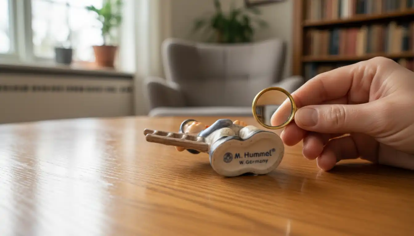An appraiser using a magnifying glass to inspect the authentic trademark on the base of a Hummel figurine.