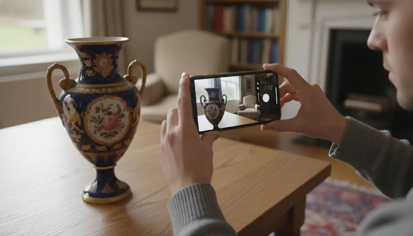 A person using a smartphone to take a clear photo of a vintage porcelain vase on a wooden table.