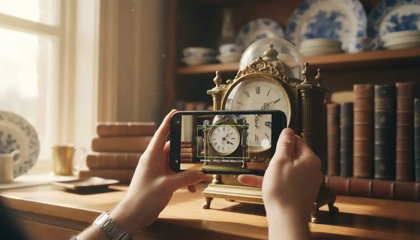 Hands holding a smartphone to scan a vintage brass clock in a sunlit antique shop.