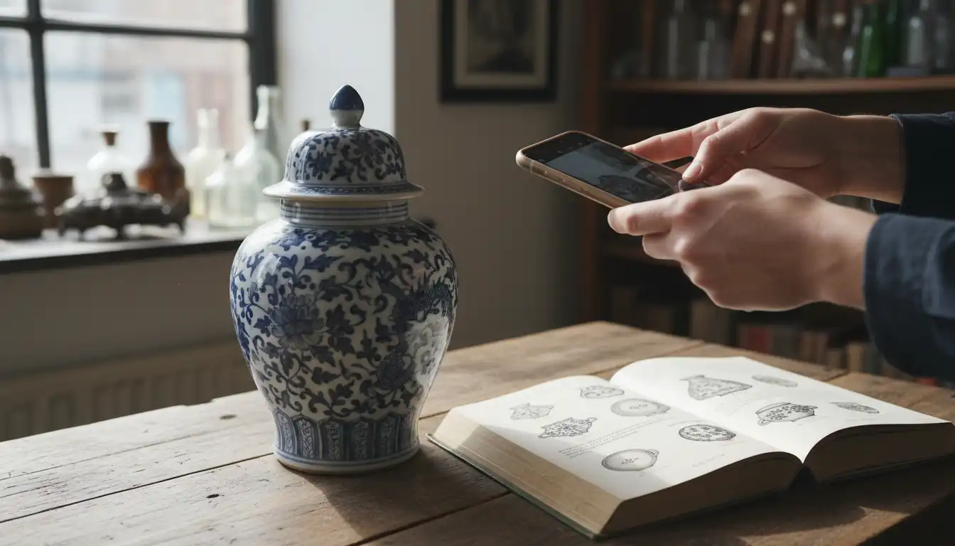 A person using a smartphone to scan a ceramic jar next to an open antique reference book.