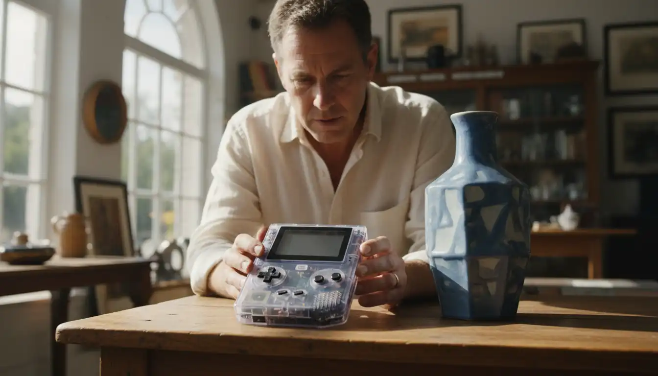 An antique appraiser examines vintage collectibles on a wooden table in a sunlit shop.