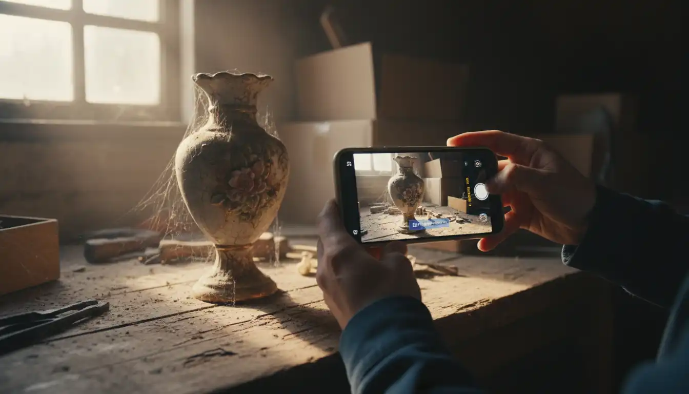 A person using a smartphone app to identify an antique ceramic vase in a sunlit attic.