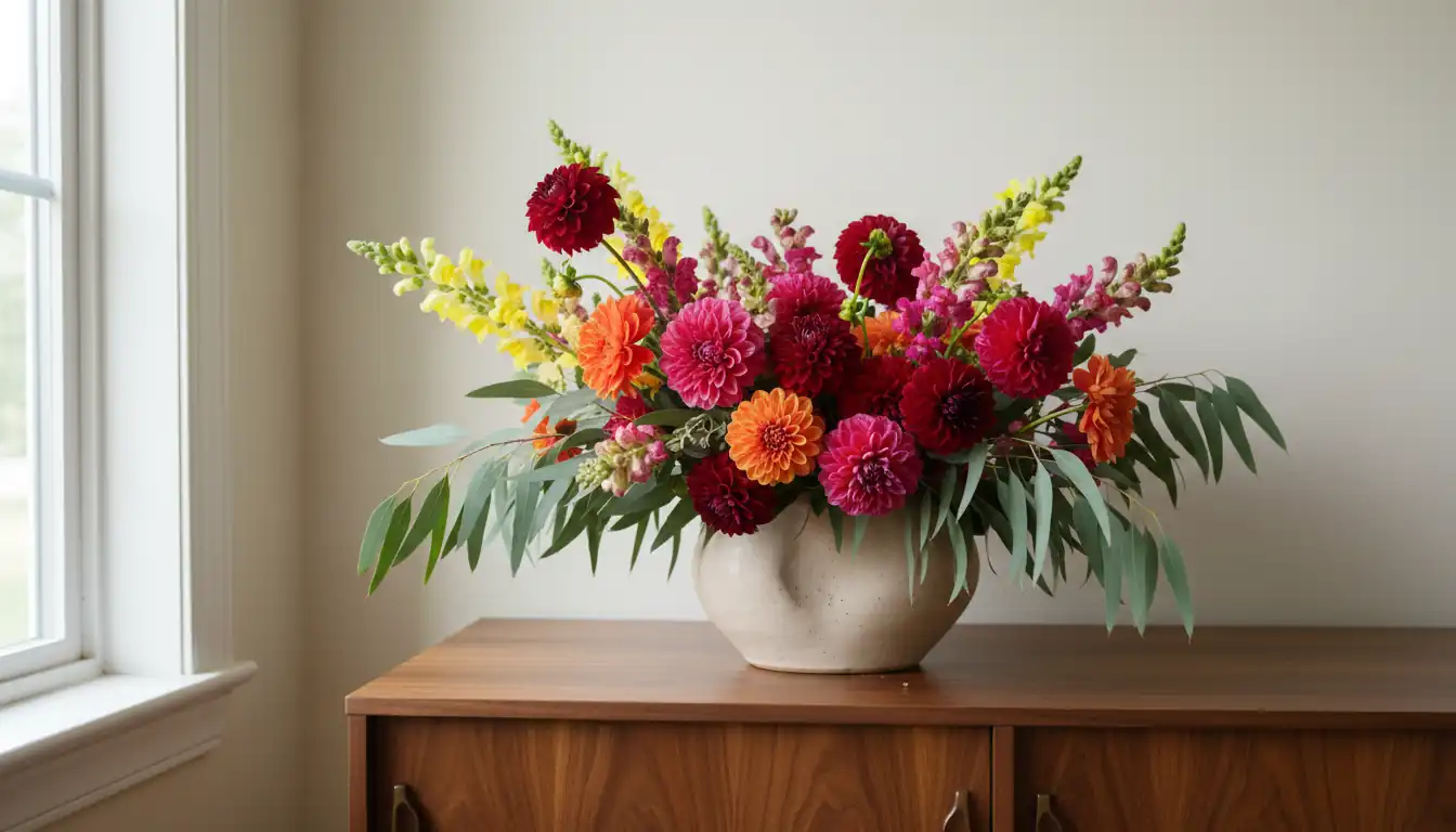 A vintage walnut sideboard topped with a large, colorful floral arrangement in a sunlit room.