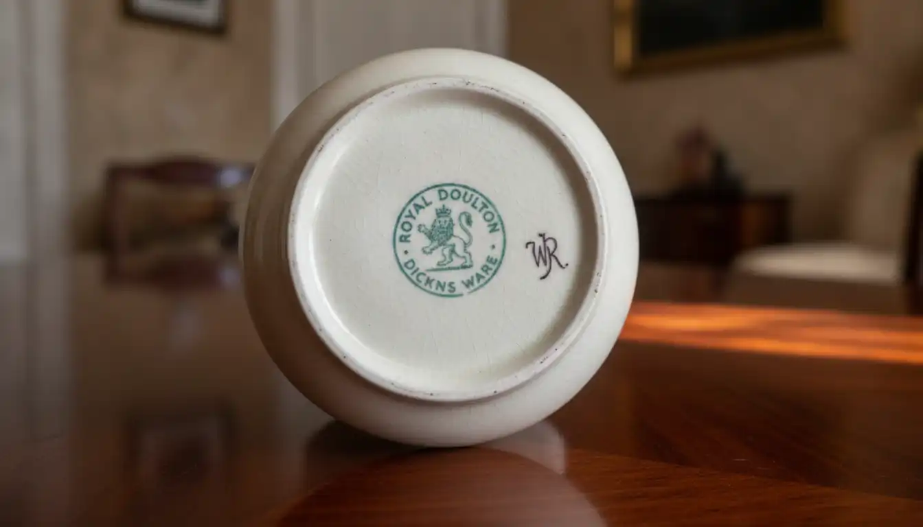 Close-up of the underside of a Royal Doulton ceramic bowl showing a backstamp and hand-painted artist monogram.