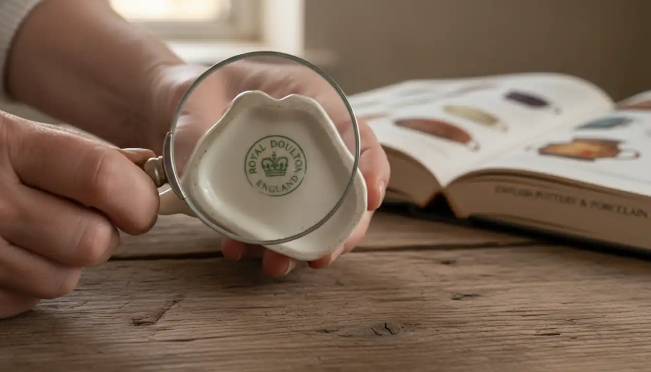 A person using a magnifying glass to inspect the authentic backstamp on the base of a ceramic figurine.