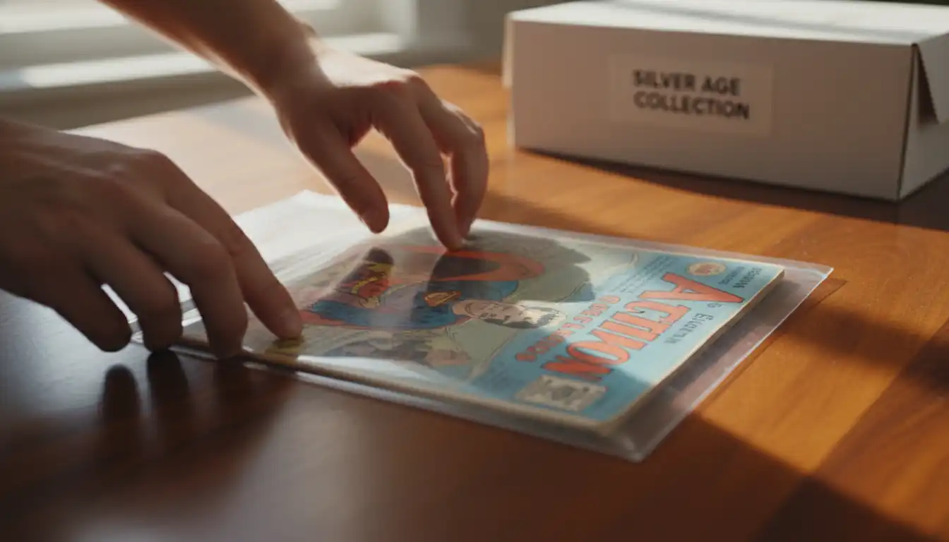 Hands carefully placing a vintage comic book into a protective plastic sleeve on a wooden desk.