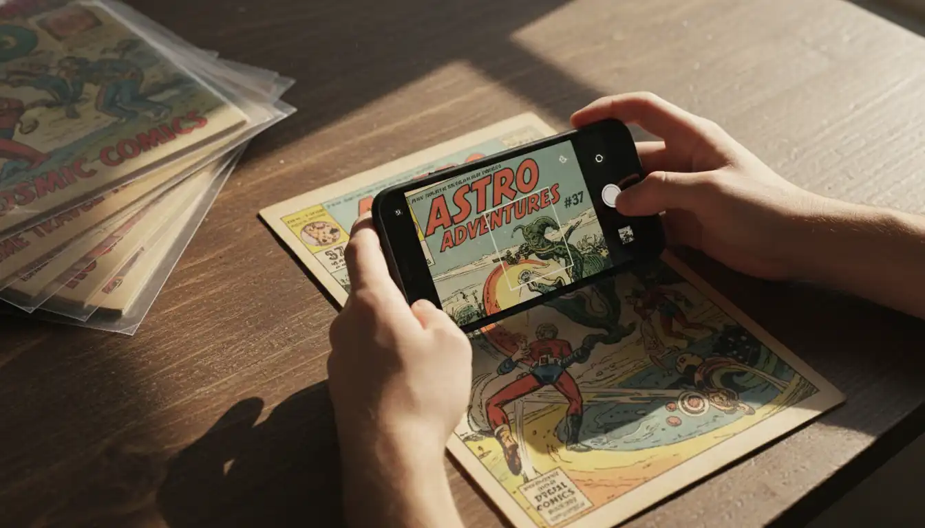 Hands holding a smartphone to scan a vintage comic book on a wooden desk with natural lighting.