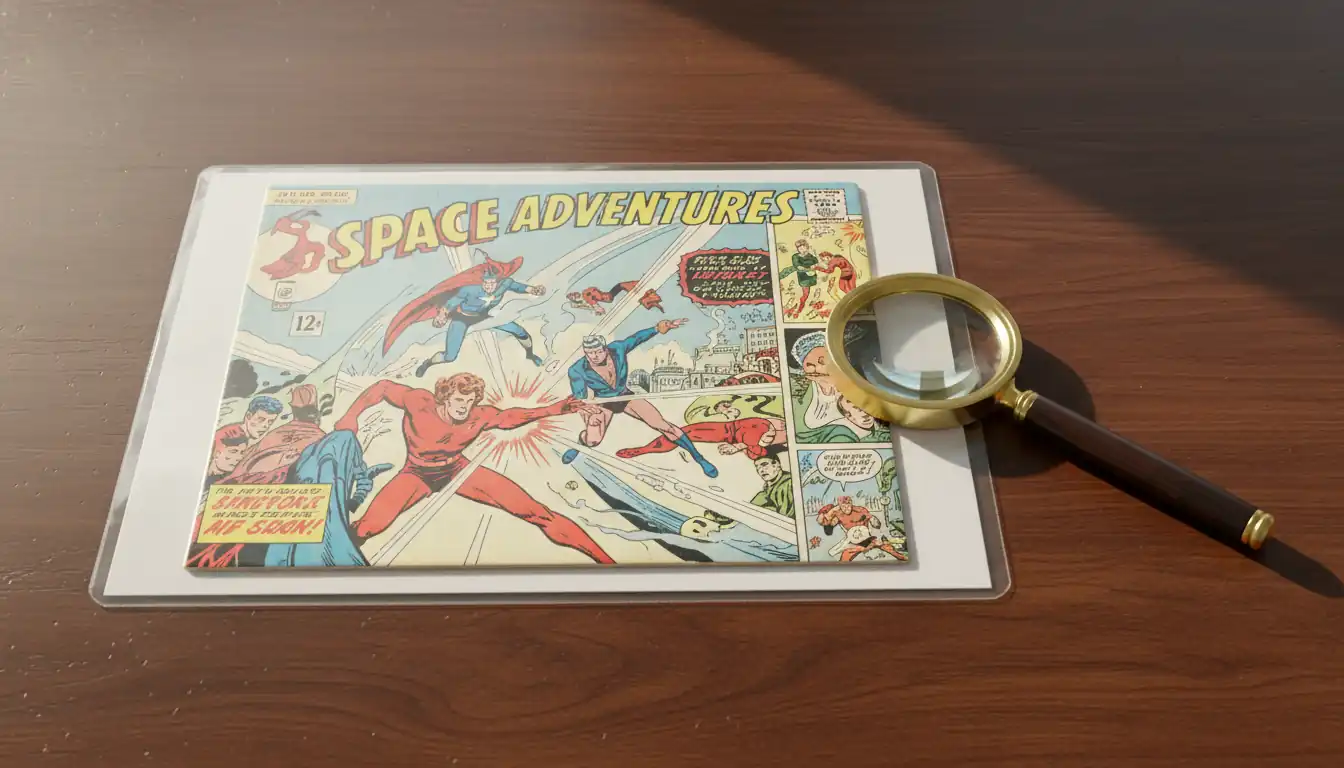 A vintage comic book in a protective sleeve on a wooden desk next to a magnifying glass.