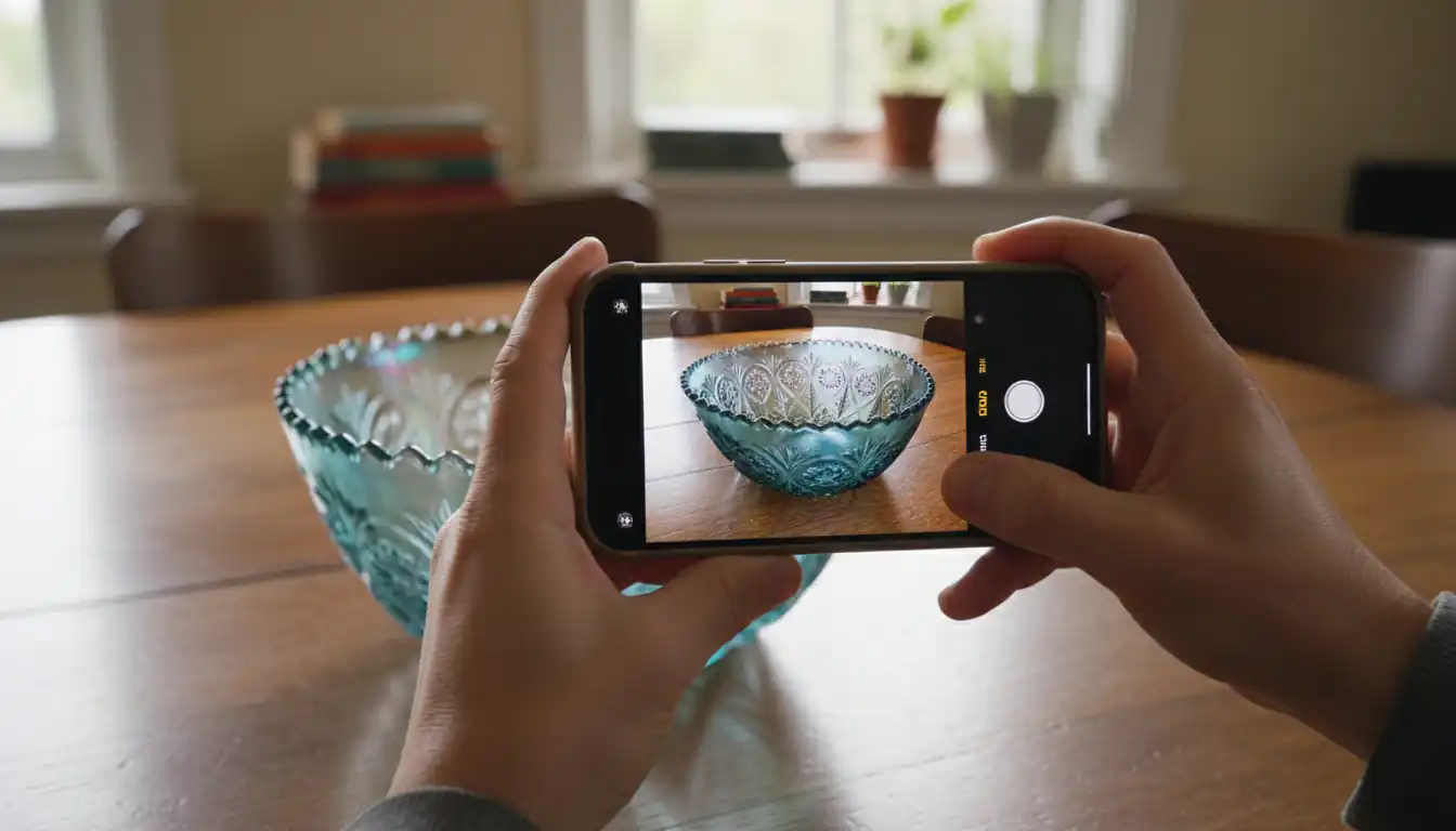 A person using a smartphone to photograph a vintage iridescent glass bowl on a wooden table.
