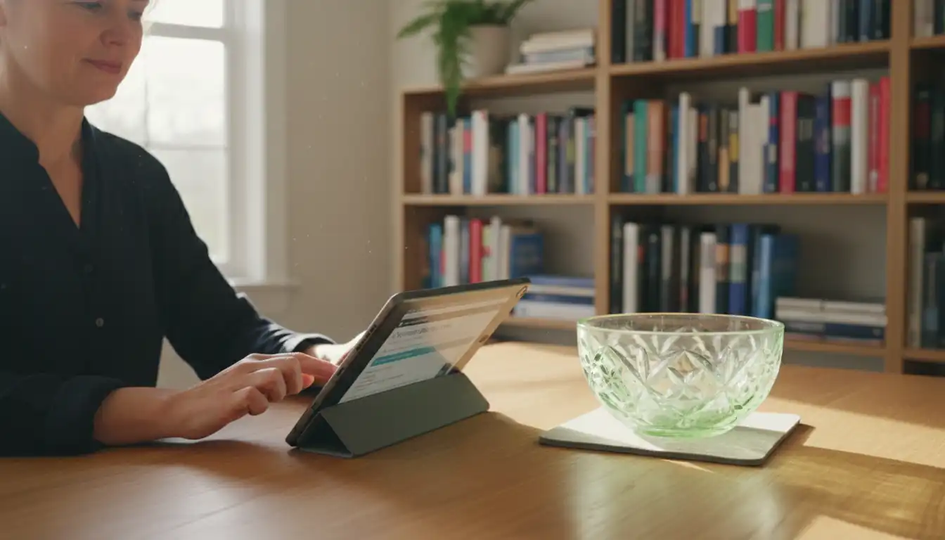 A person using a tablet to research the market value of a vintage green glass bowl at a desk.