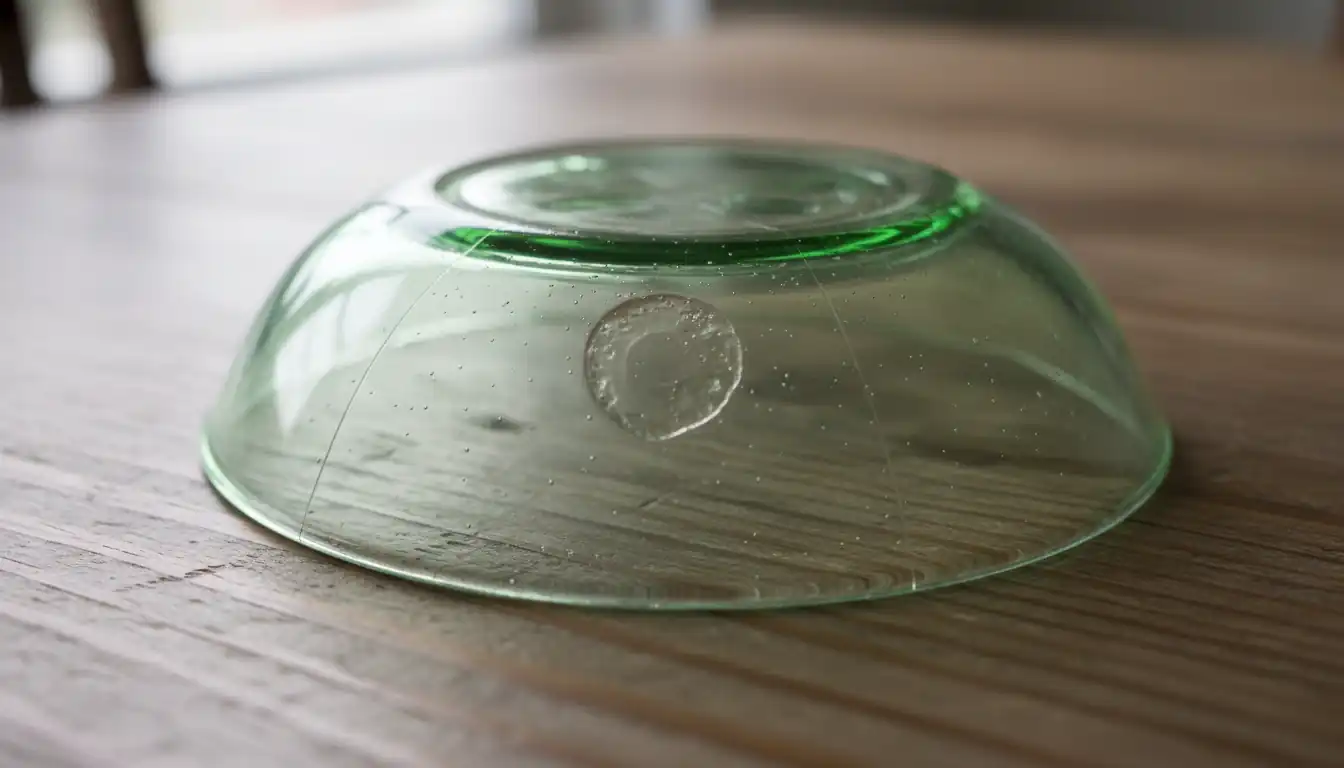 Close-up of the base of a vintage green glass bowl showing a pontil mark and mold lines.