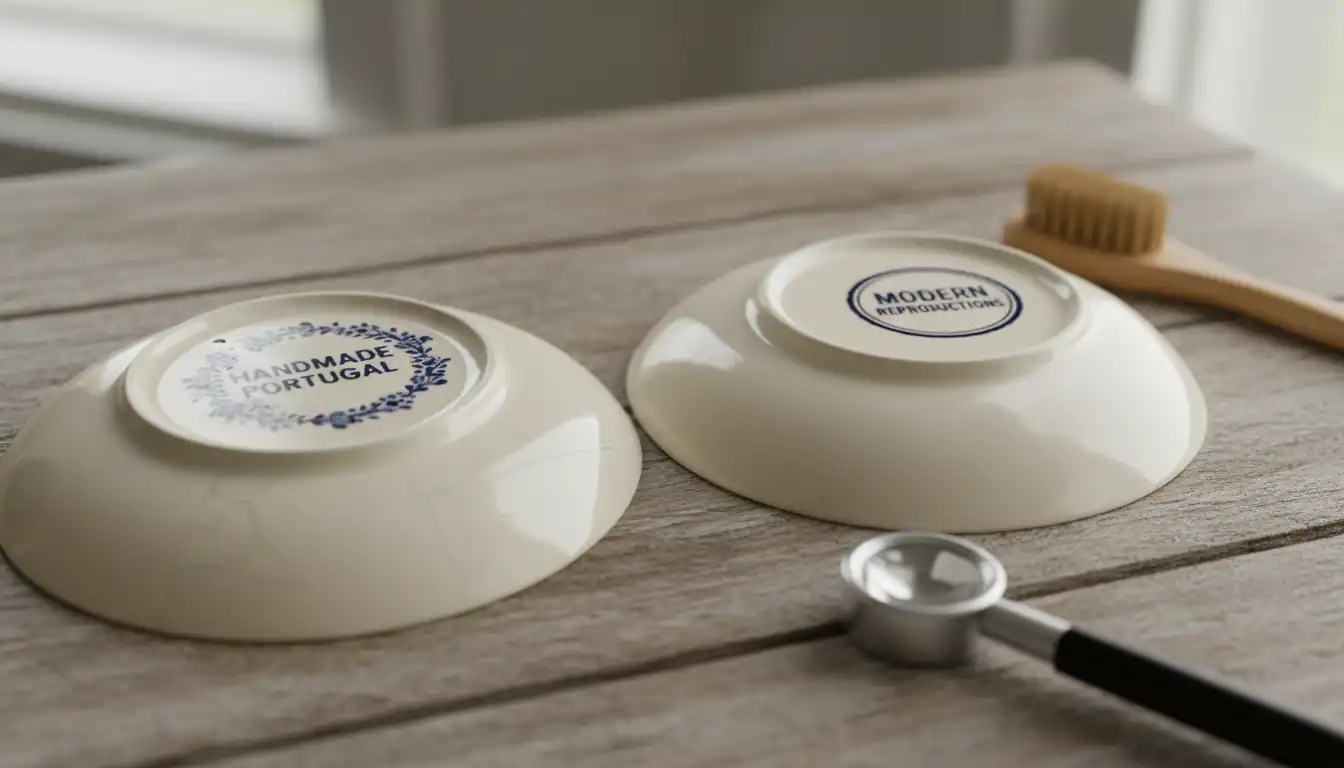 Close-up of two ceramic plates showing a genuine hand-stamped mark versus a modern printed imitation.