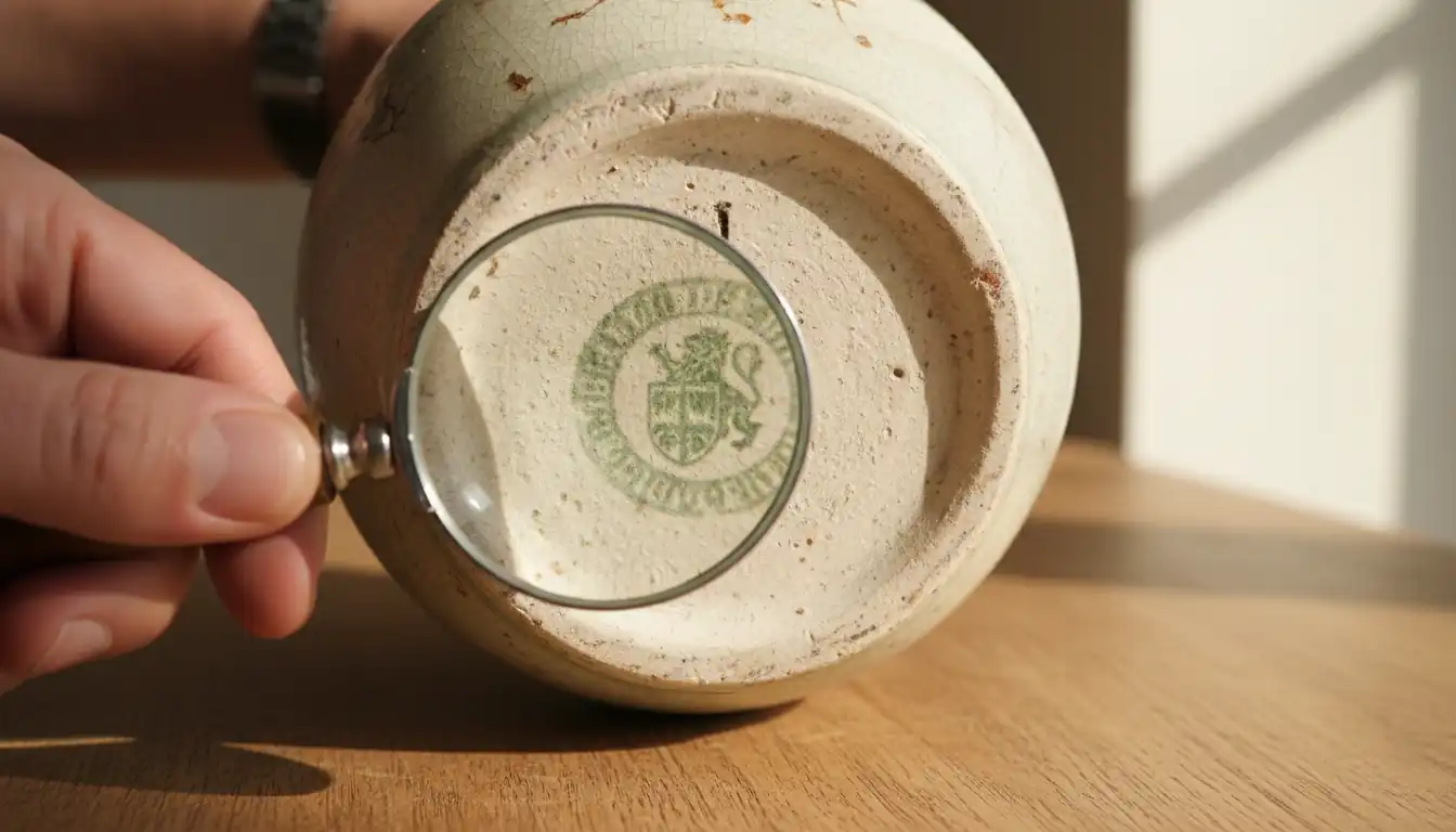 Close-up of a vintage ceramic vase's underside showing a stamped maker's mark and a magnifying glass.