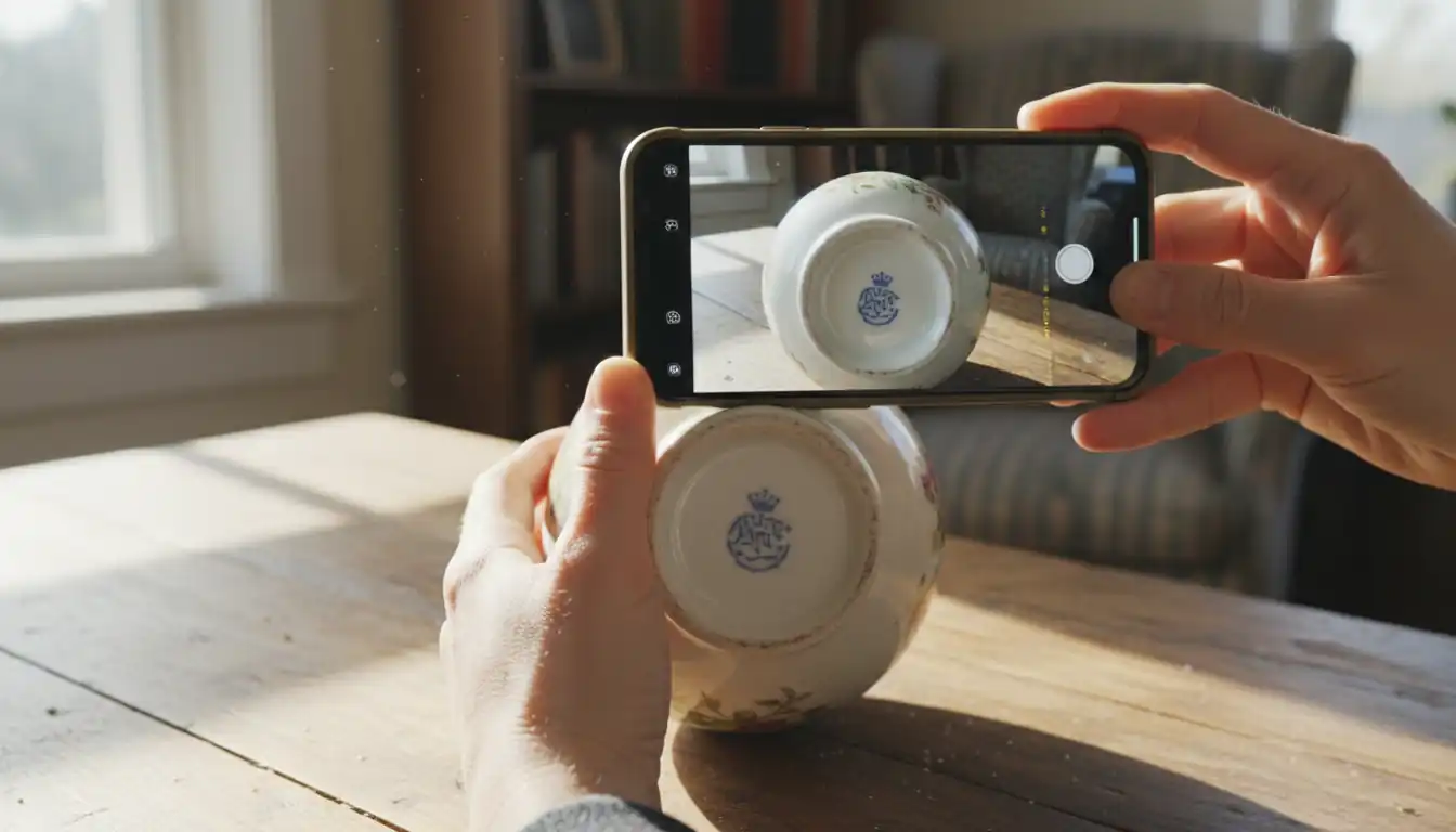 A person using a smartphone camera to identify a vintage ceramic vase by its maker's mark.