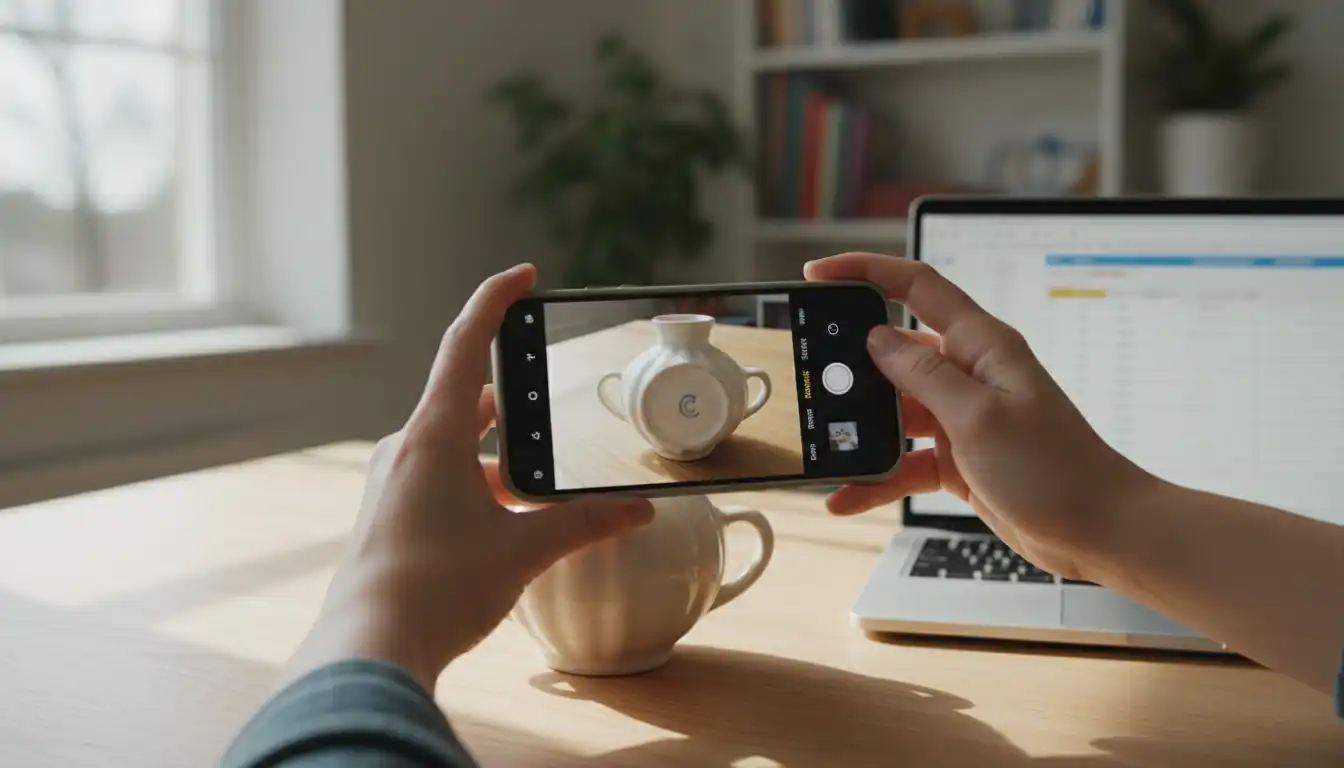 Person photographing a pottery maker's mark with a smartphone next to a laptop for a digital catalog.