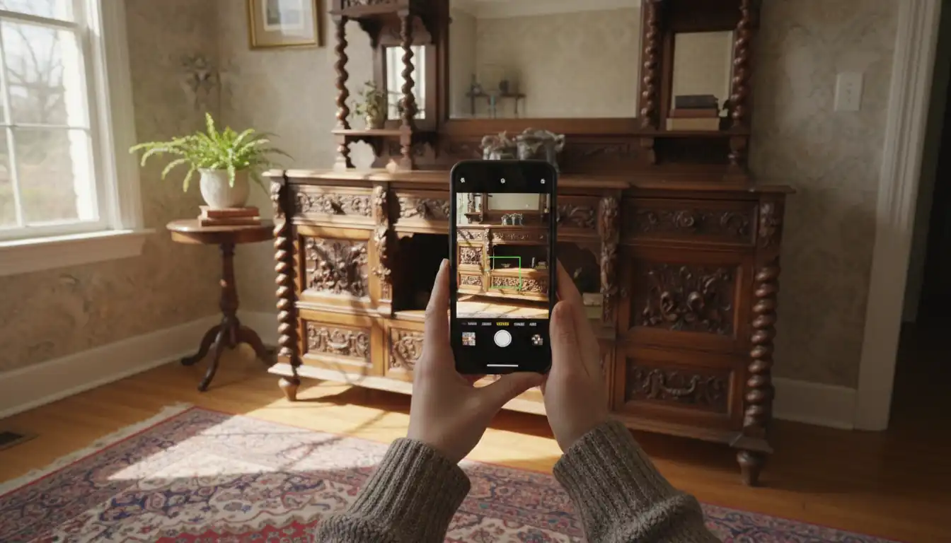 A person using a smartphone to take a photo of an antique mahogany dresser in a sunlit room.