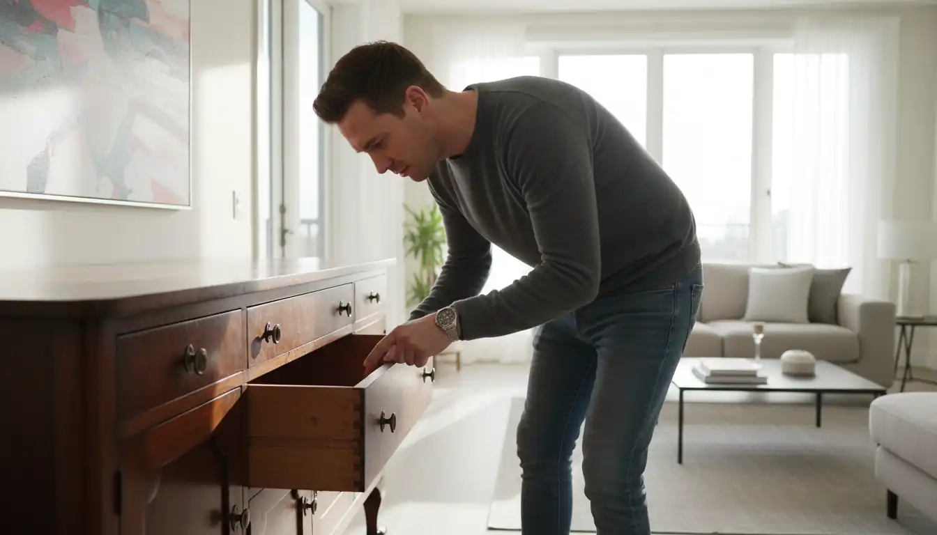 A person inspecting the hand-cut dovetail joints of an antique mahogany sideboard in a sunlit room.